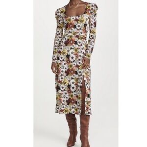 WAYF Lalia Puff Sleeve Slit Front Dress Black Daisies size Small